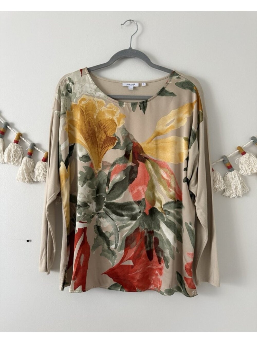 Chico’s Satin Garden Long Sleeve Tee Floral Tropical Peasant Boho Modest L